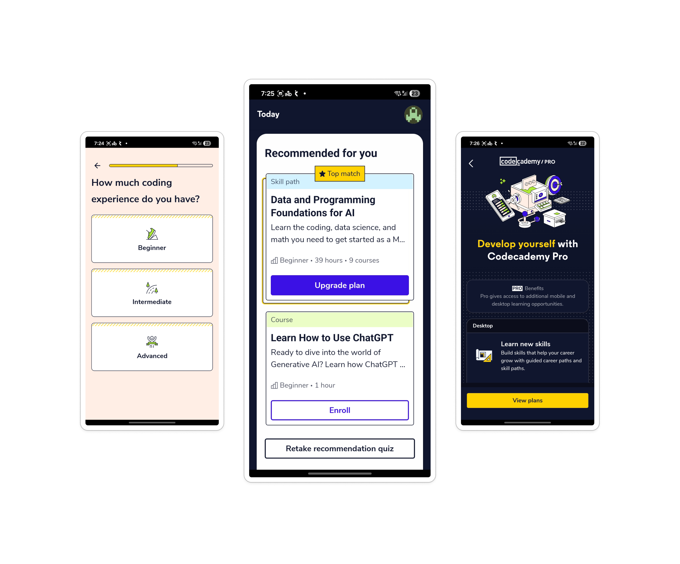 Codecademy mobile app screens for the Mobile IAP Turnaround project